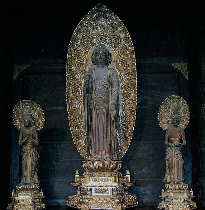 青蓮寺阿弥陀堂の内陣に安置されている木造阿弥陀如来及び両脇侍立像の写真